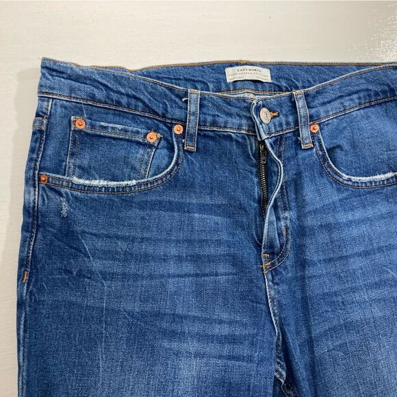 Zara Premium Jeans Women’s 8 Blue Denim High Rise Distressed Tapered Leg - Picture 4 of 12